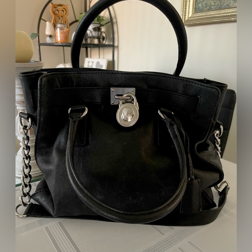 Michael Kors Black Saffiano Leather Hamilton Satchel Tote w/chain strap